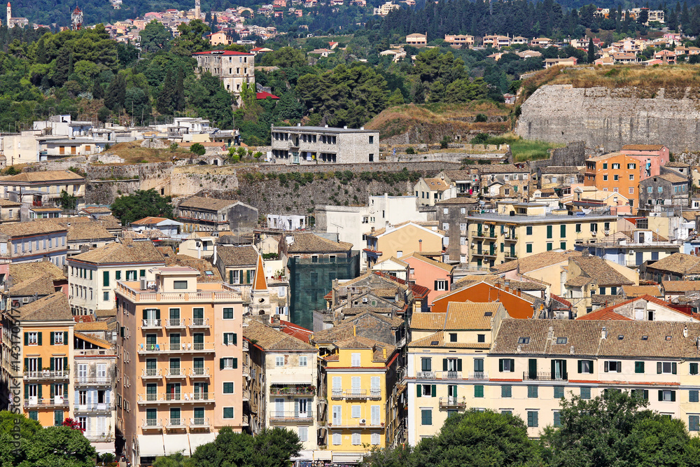 Fototapeta premium Old buildings under fortress,Kerkyra cityscape,Corfu island,Greece