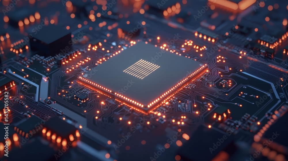 Futuristic chip embedded in a digital circuit board illuminated with LED lights dark background wide-angle shot