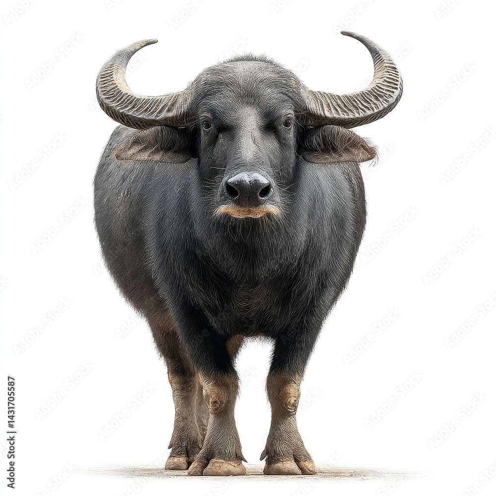 Naklejka premium A front view of a sturdy black buffalo with prominent horns, standing on a white background, showcasing its strength and unique features.
