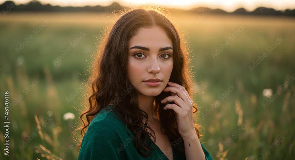 © St Mmh - Golden Hour Portrait Serene Woman in Green Dress Amidst Summer Meadow © St Mmh - Golden Hour Portrait Serene Woman in Green Dress Amidst Summer Meadow