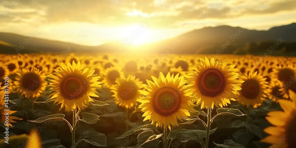 Fototapeta premium A sunflower field glowing under sunset light with mountains in the distance and white clouds in the sky.