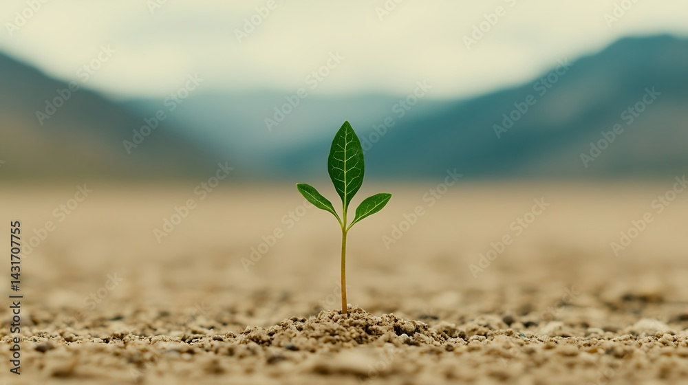 Single Sprout Emerging in Arid Landscape Signifying Hope, Resilience, and New Beginnings in a Barren Environment. Single Sprout Emerging in Arid Landscape Signifying Hope, Resilience, and New Beginnings in a Barren Environment.