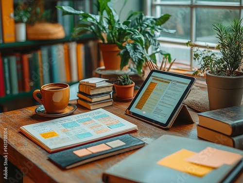 Cozy Study Scene: iPad Display, Notebook with Notes, Coffee Cup, and Plants on Wooden Desk with Bookshelf in Background creating  inspiring  atmosphere.