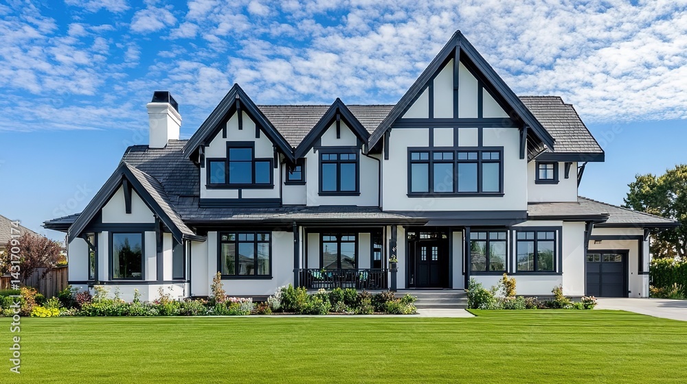 Obraz premium A two-story Tudor-style house with white walls, black timber framing, dark roof, large windows, chimney, manicured lawn, trees, under blue sky with white clouds.