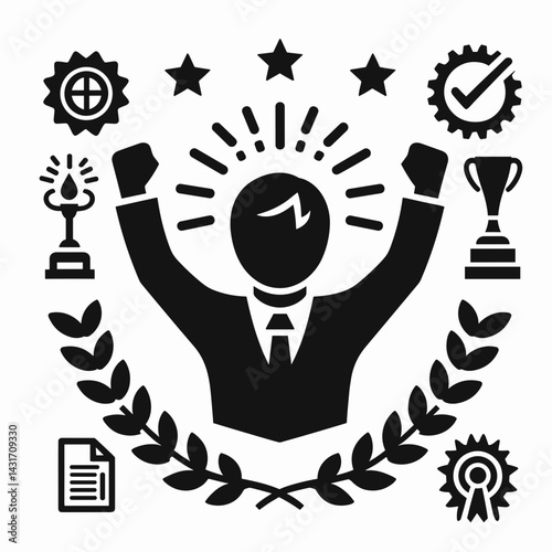 Winner vector illustration celebrating achievement with trophies, medals, and success symbols
