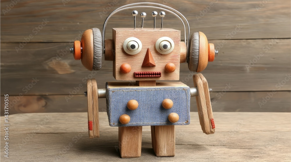 Fototapeta premium Wooden Robot with Headphones Listening to Music