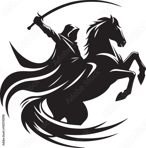 Silhouette of Medieval Warrior on Horse with Sword – Vector Art	