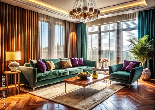 Obraz na płótnie Luxurious Window Treatments: Elegant Curtains & Blinds in Modern Interior w salonie