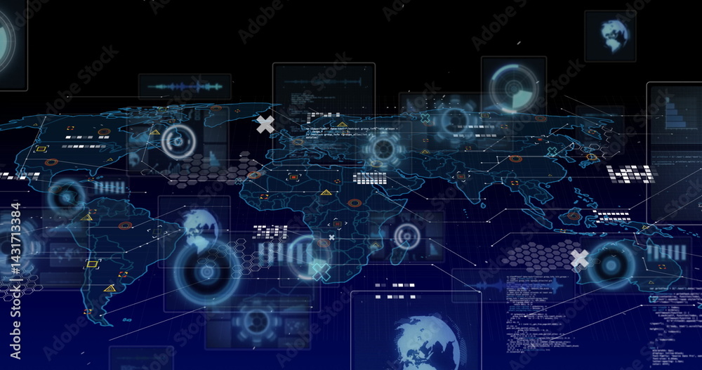 Image of scopes scanning, data processing and markers over world map Image of scopes scanning, data processing and markers over world map