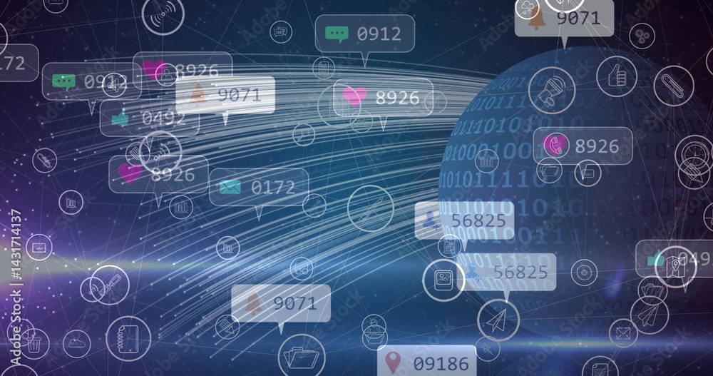 Image of social media icons and numbers over binary coding globe Image of social media icons and numbers over binary coding globe