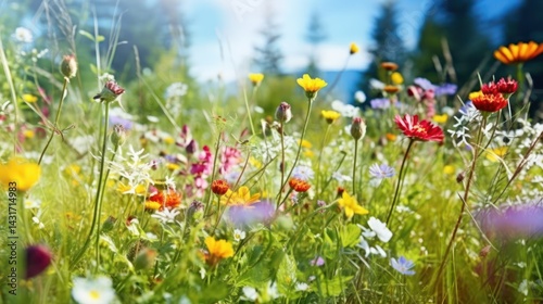 A colorful meadow filled with wildflowers on a sunny day, representing the beauty of nature during summer family outings