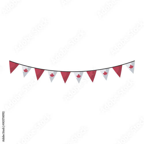 Canada flag garland in flat design. Canadian symbolic bunting on string. Vector illustration isolated.