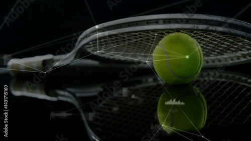 Tennis racket and ball floating on glossy surface, showing digital network lines and HUD overlays
