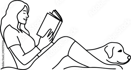 Woman Reading Book With Dog In Minimalist Line Art Style Illustration