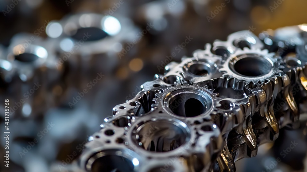 Close-up of metallic gears with holes and detailed textures. Close-up of metallic gears with holes and detailed textures.