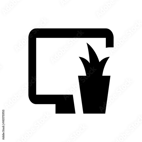 Illustration of a computer monitor next to a potted plant in black and white simple vector design