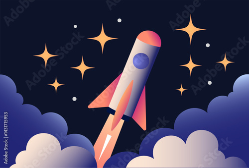 Minimalist Rocket Launch Vector – Flying Rocket with Smoke Trail, and Stars | Smooth and Subtle Gradient
