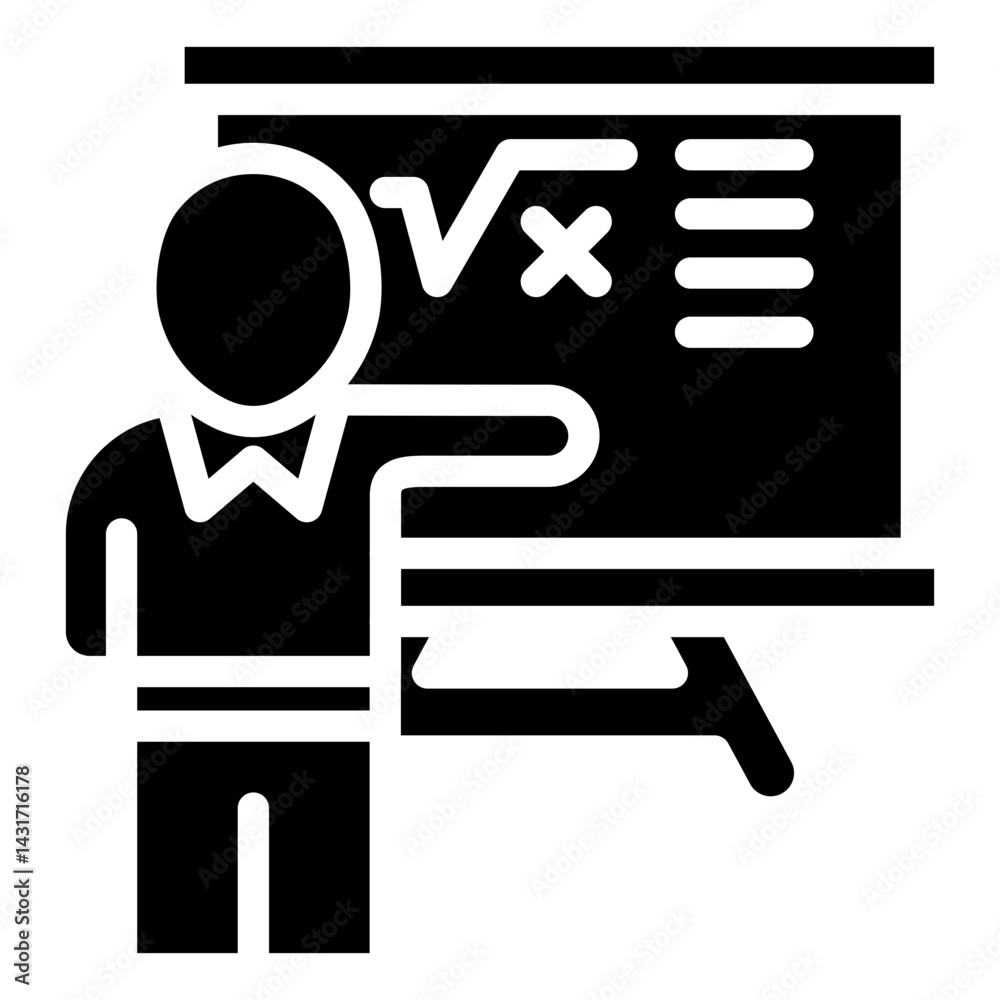 Instruction, and trainimg, Teacher explaining a math equation on a blackboard glyph icon Instruction, and trainimg, Teacher explaining a math equation on a blackboard glyph icon