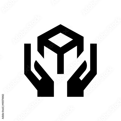 Two hands holding a geometric cube shape with care and support depicted in a simple black and white style