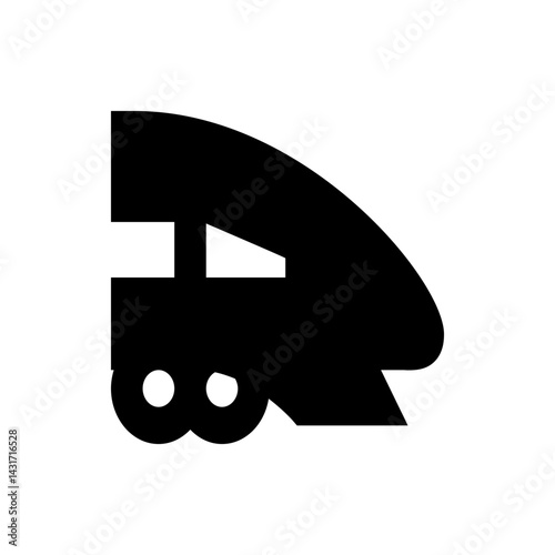 Stylized black train icon with two wheels and a sleek modern design on a white background isolated image