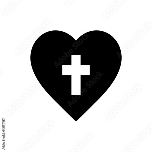 A black heart shape containing a white christian cross symbolizing faith and love in a simple design