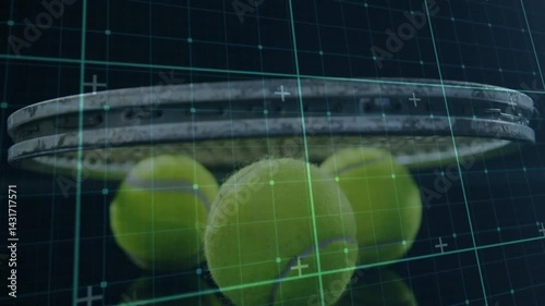 High-tech tennis gear being visualized in scene, with 3D racket above neon balls and grid overlay