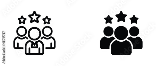 Team Rating Icon Set – Group with Stars Line and Solid Icons for Review and Leadership