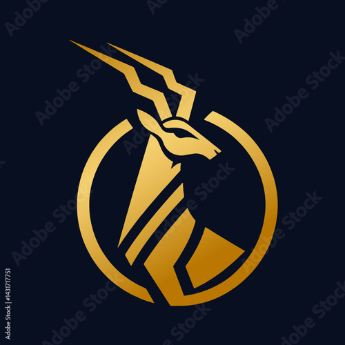 Stylized Antelope Logo Design, Corporate Branding, Minimalist Golden Graphic, Dark Navy Background, Modern Vector Art