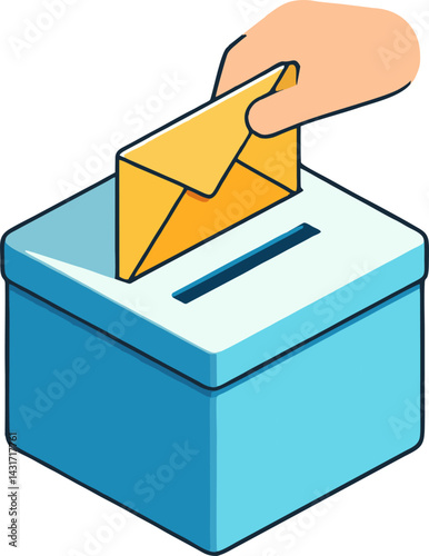 illustration of a hand placing an envelope into a blue donation box labeled “DONATION.” A clean and modern design representing charity, fundraising, or giving support.

