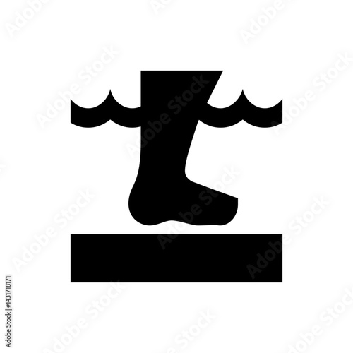 Silhouette of a leg and foot entering water with stylized waves above and a dark surface below it