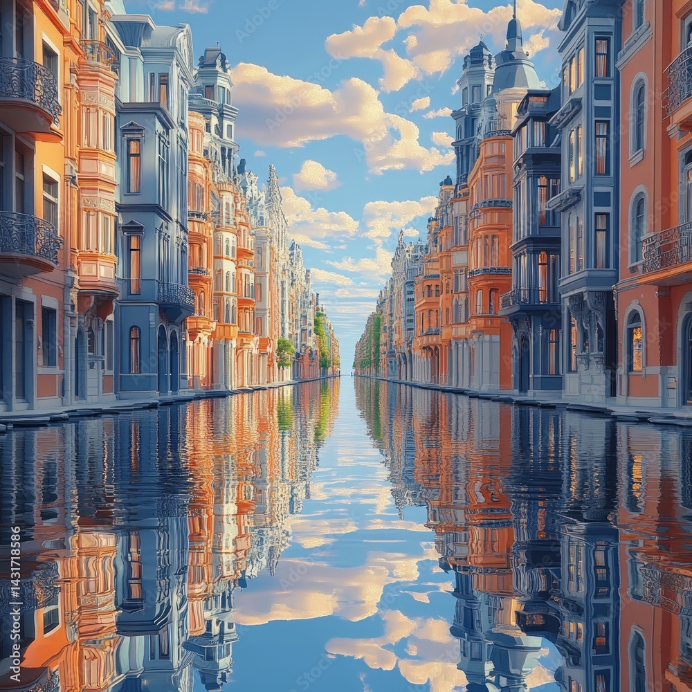 Fototapeta premium Orange blue city reflects in water.