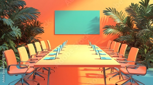 Tropical office meeting room, laptops on table, sunlit plants