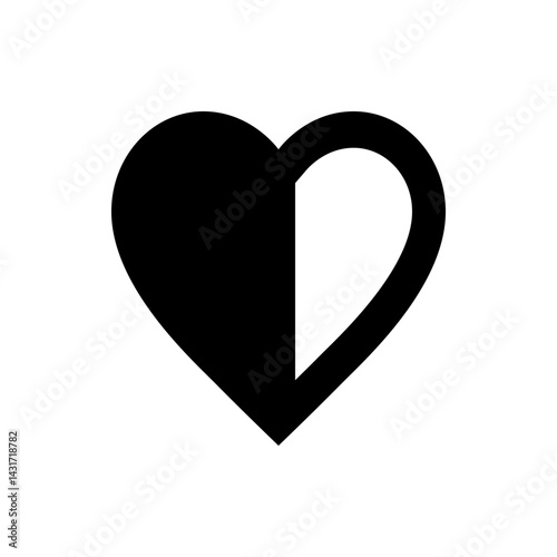 Black and white heart divided vertically showing contrast and duality in a simple graphic representation of love