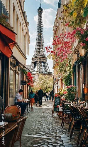 Charming Parisian street scene with outdoor dining, vibrant flowers, and the Eiffel Tower backdrop