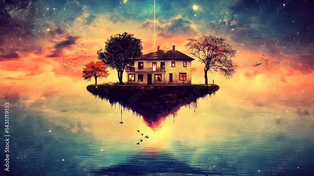 Fototapeta premium house floating among the stars, tethered to the ground by a glowing thread of light 