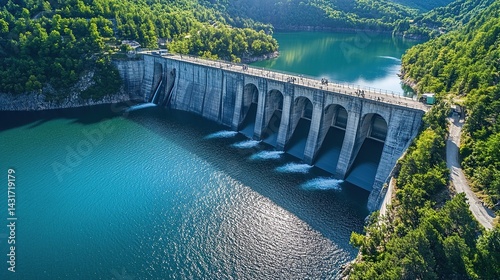 Water dam and reservoir lake in Swiss Alps mountains producing sustainable