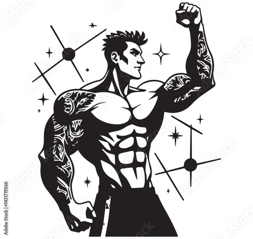 A dynamic and stylized vector illustration of a muscular man flexing his right arm in a strong, heroic pose. The man is shirtless, showcasing an exceptionally defined and symmetrical physique.