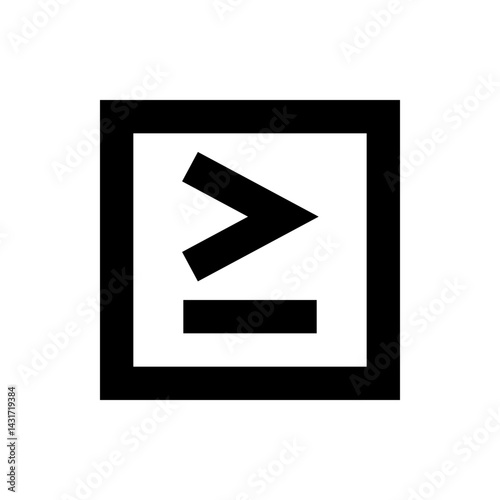 A simple black and white graphic featuring a greater than or equal to symbol inside a square border design
