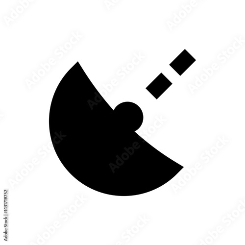 Black satellite dish with a circular receiver and two rectangular signals on a white background design element