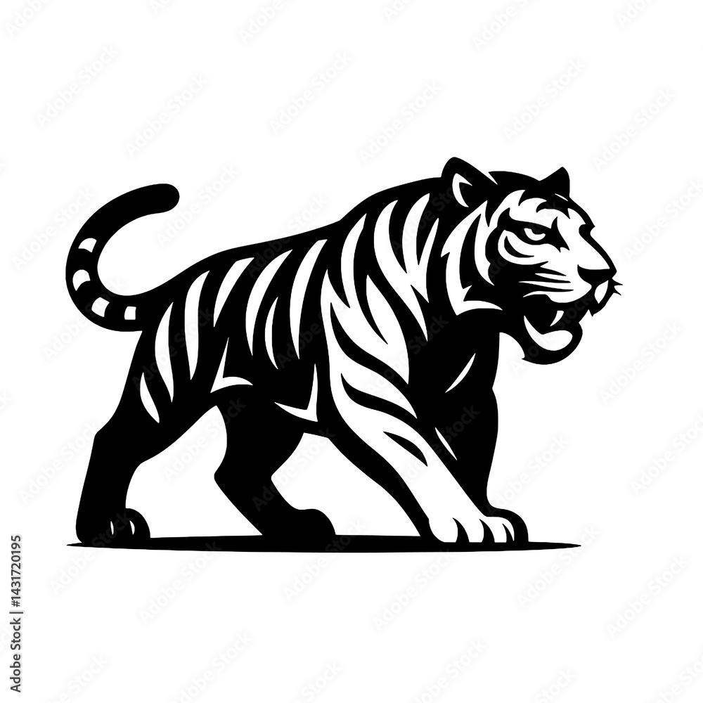 Vector Illustration of a Stylized Walking Tiger Silhouette with Bold Stripes Vector Illustration of a Stylized Walking Tiger Silhouette with Bold Stripes