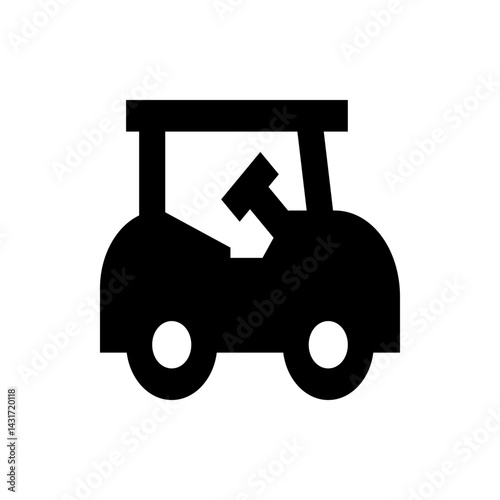 Illustration of a black golf cart with a steering wheel and two visible wheels on a white background