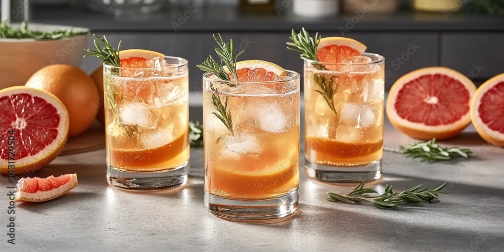 Three glasses of grapefruit drinks with ice, grapefruit slices, rosemary, halved grapefruits, and a warm-toned blurred background. Three glasses of grapefruit drinks with ice, grapefruit slices, rosemary, halved grapefruits, and a warm-toned blurred background.
