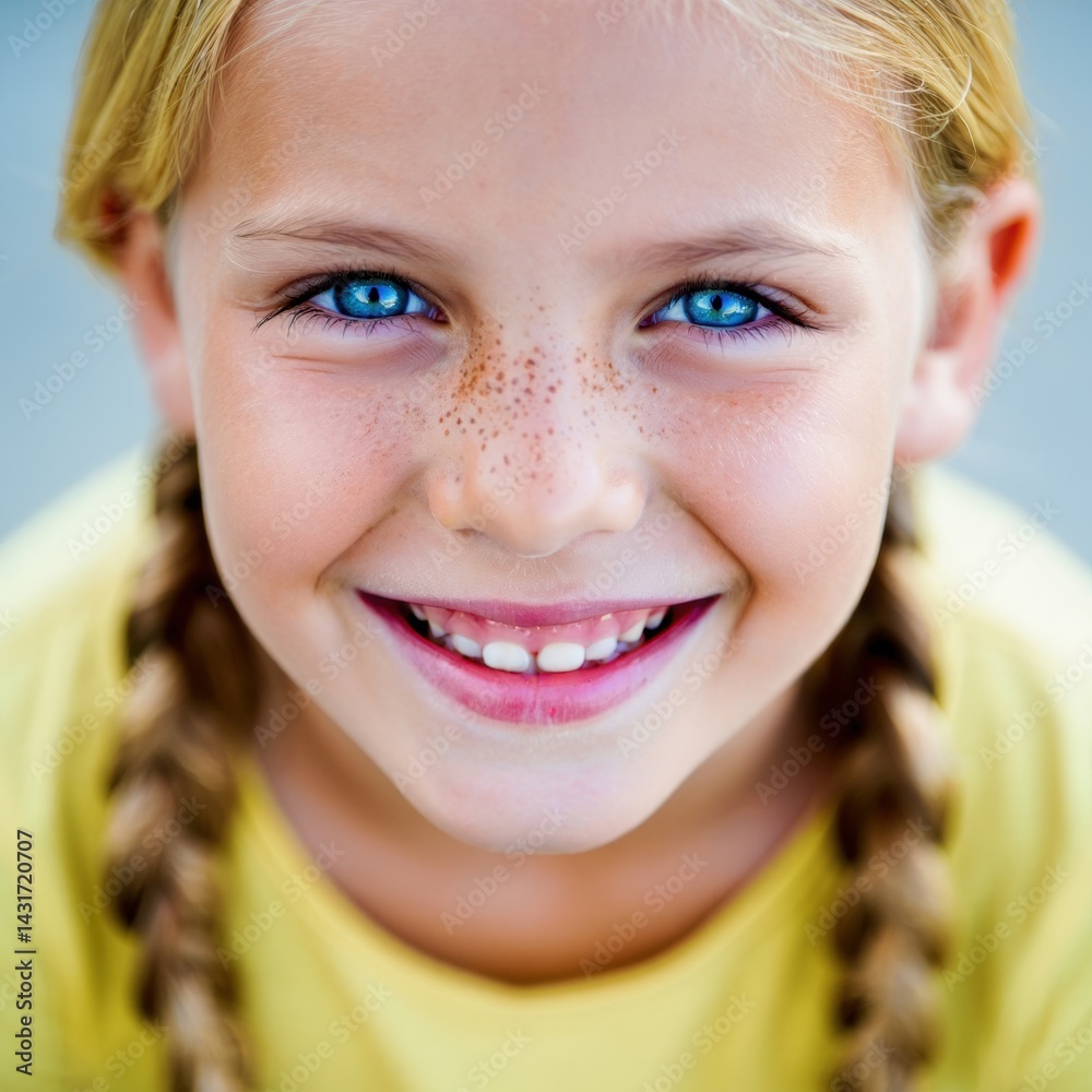 Smiling girl with freckles and braids: vibrant close-up portrait Smiling girl with freckles and braids: vibrant close-up portrait