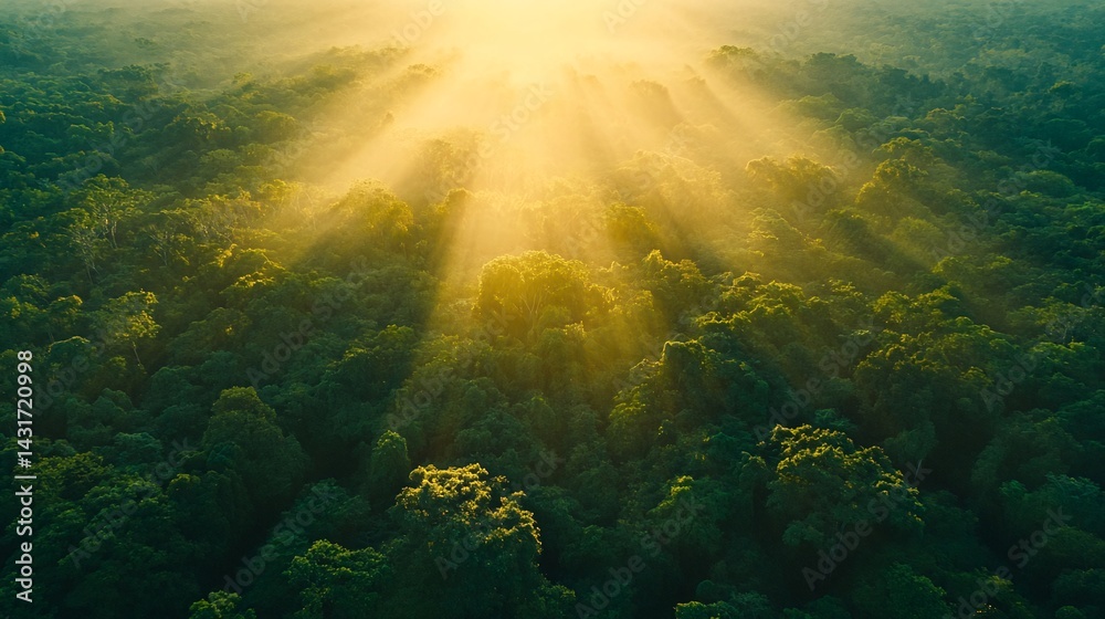 Obraz premium Sunrise over misty forest, aerial view, nature background, eco-tourism