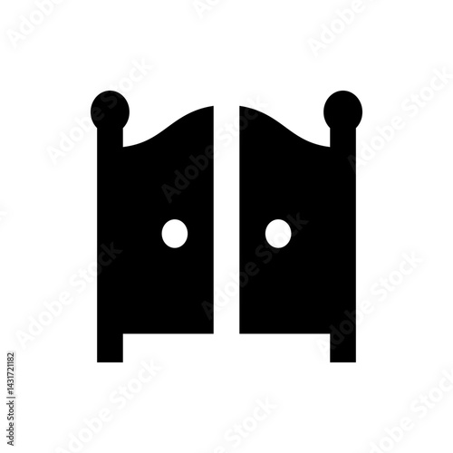 Illustration of saloon doors with round knobs and rectangular bases in a simple black and white design