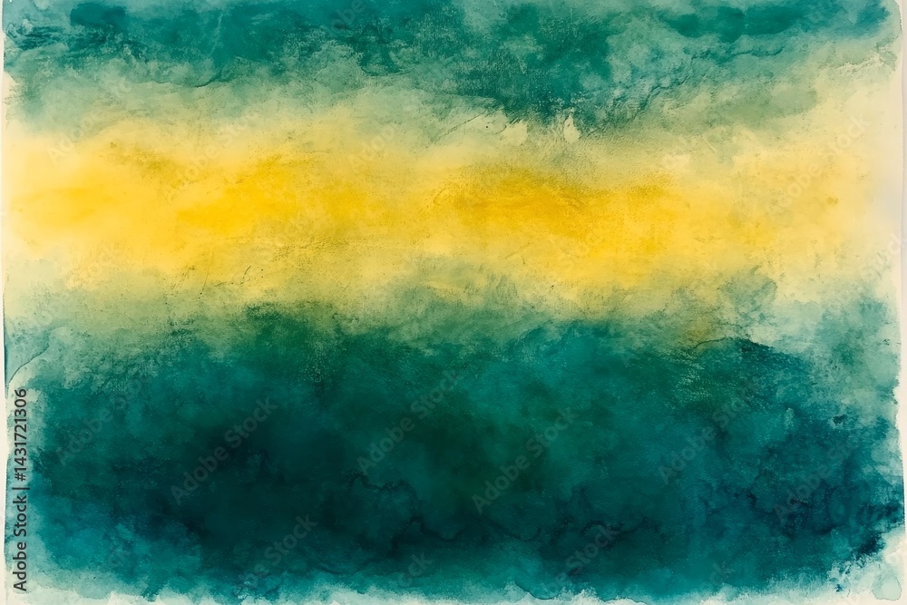 Fototapeta premium Abstract watercolor painting of layered teal and yellow tones.