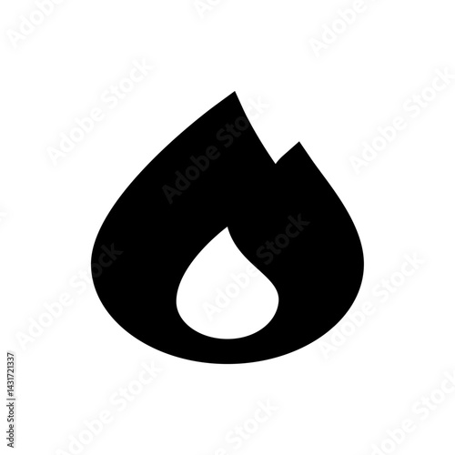 Illustration of a stylized black flame with a white teardrop shape at the bottom on a white background