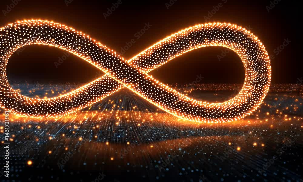 Glowing infinity symbol on dark background.