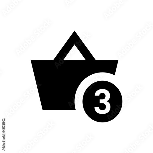 Black shopping basket icon with a circular badge displaying the number three in white color filling view