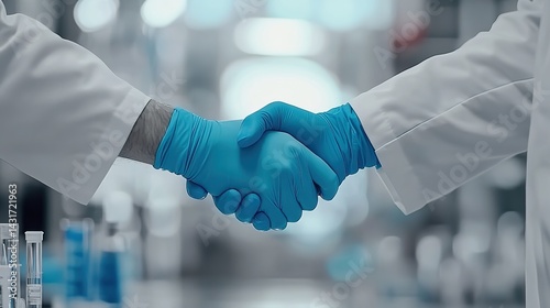 Two scientists in white lab coats shaking hands with blue gloves and laboratory test tubes in the background.